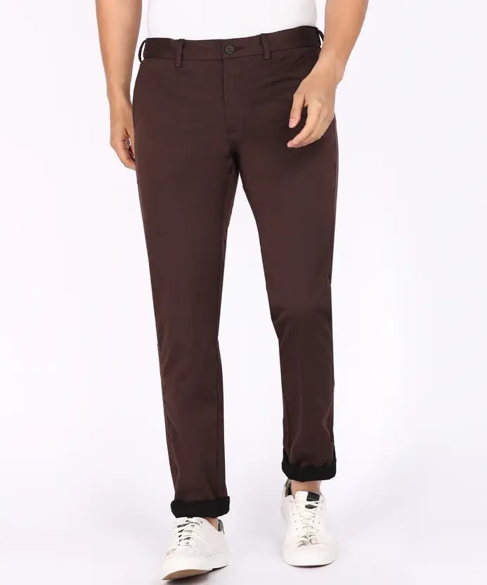 Indian Terrain Men's Slim Fit Self Design Burgundy Trousers